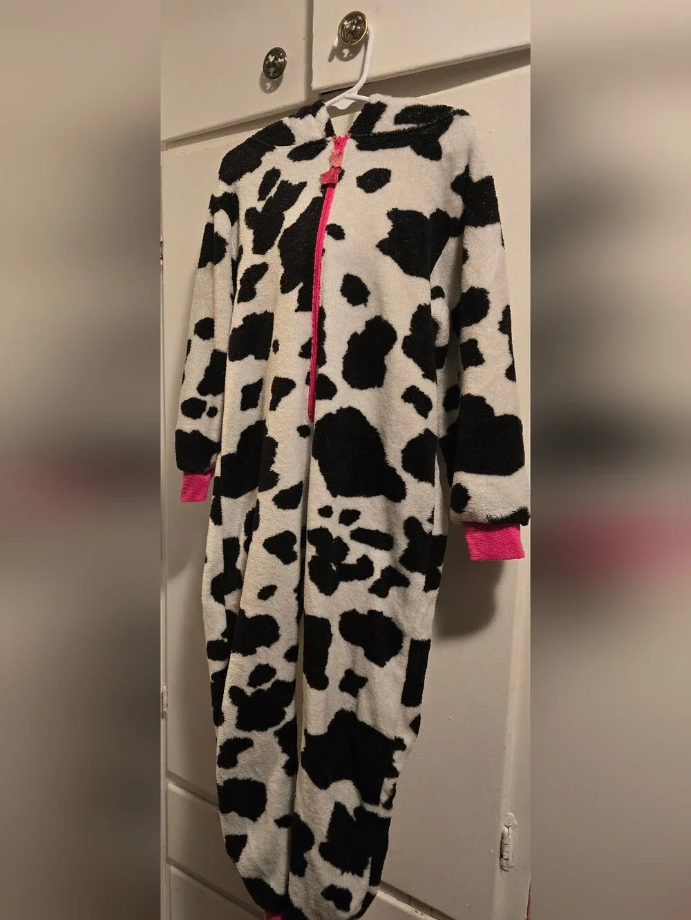 Girls Cow Print Fleece Hooded Onesie with Pink Trim